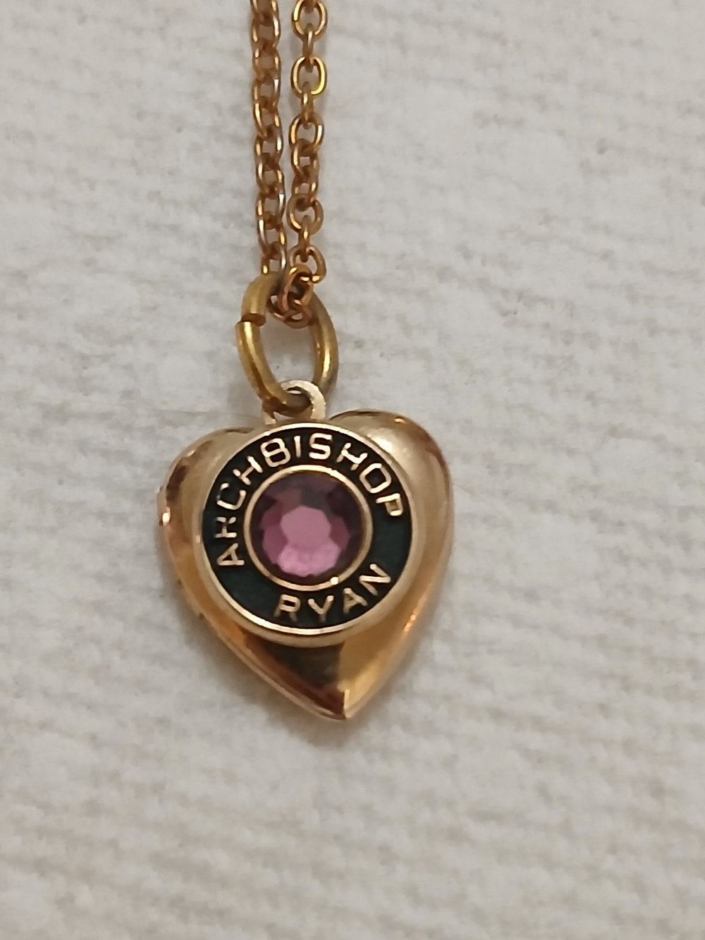 Gold Color Heart Necklace with Amethyst. 20" Locket Chatholic Archbishop
